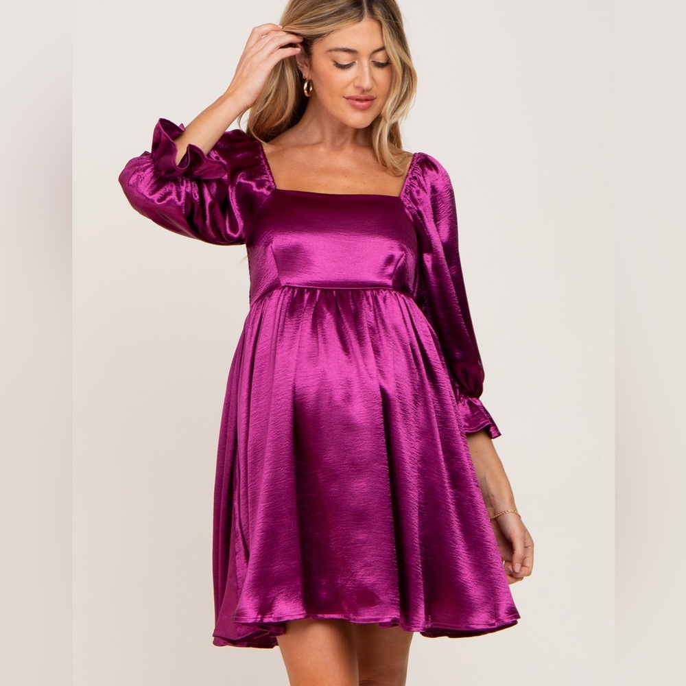 Pink Blush Magenta Satin Square Neck Babydoll Maternity Mini Dress size small